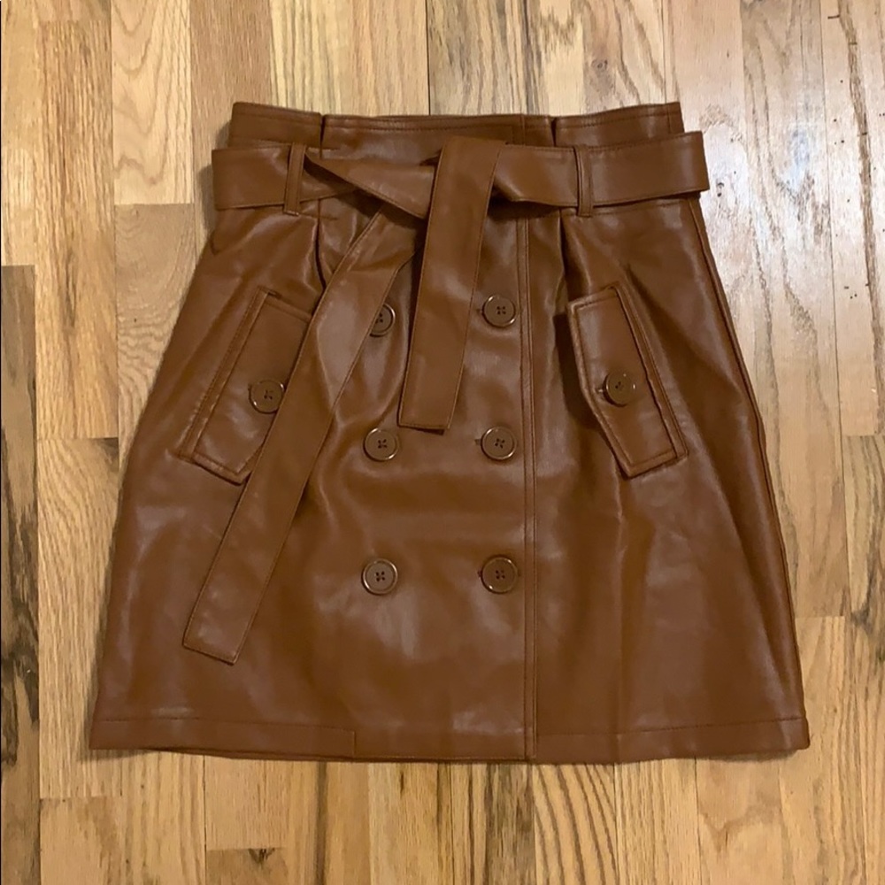 brown, faux leather skirt